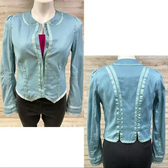 Marc Jacobs Military Style Cotton Blazer Womens Size 4 Light Teal Ribbon Detail - Picture 1 of 15